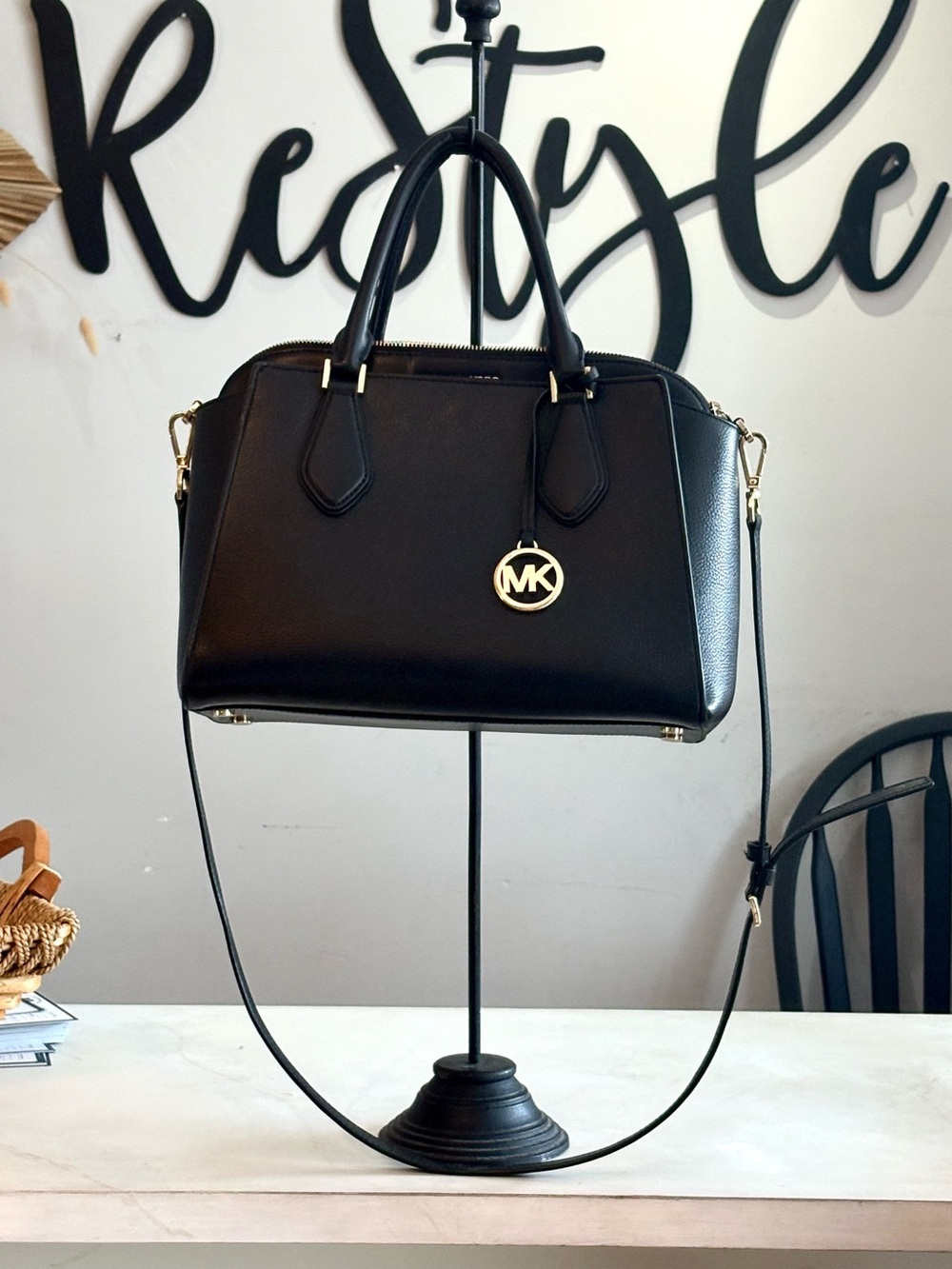 Michael Kors Black Leather Satchel with Gold MK Medallion